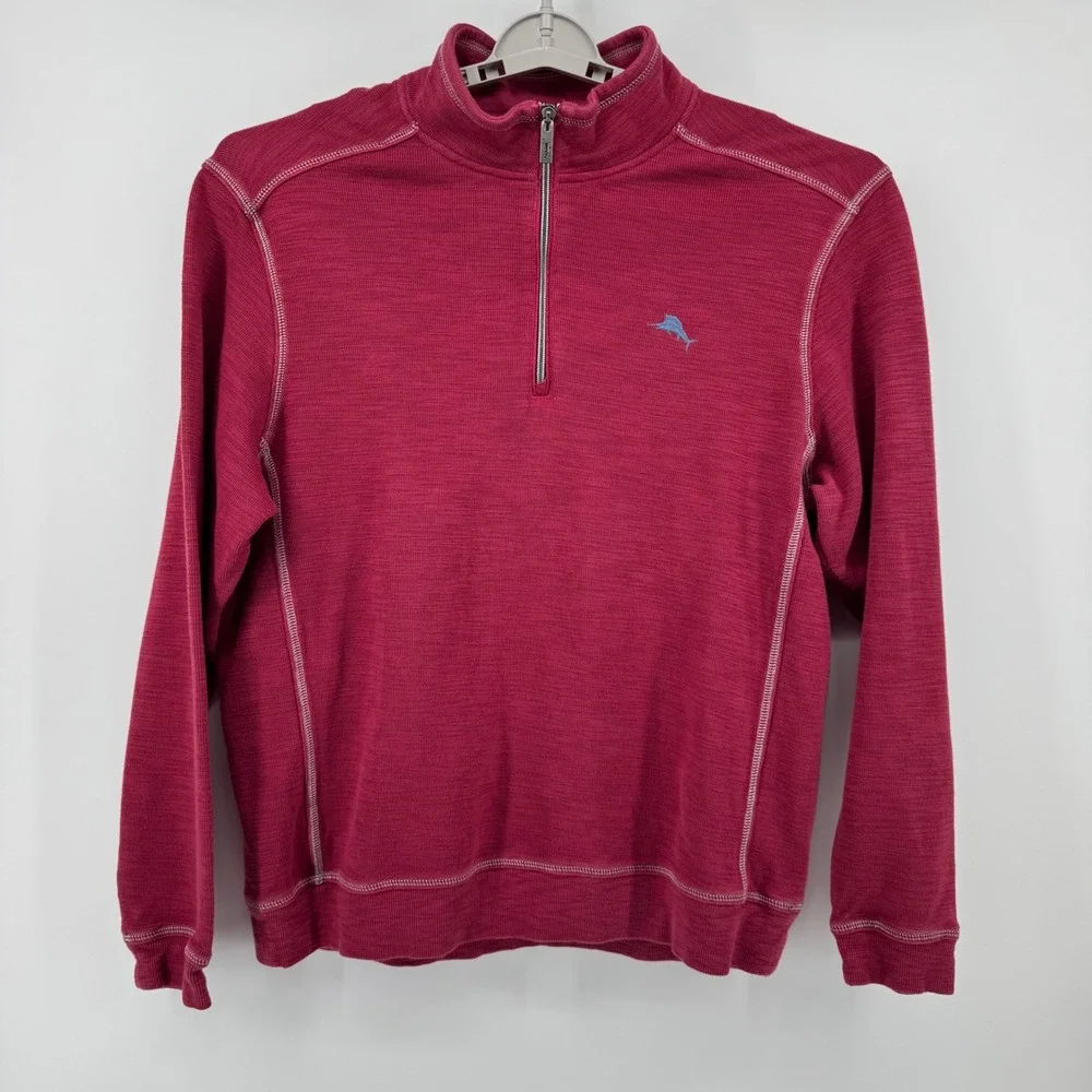 Tommy Bahama Mens Large Red‎ Pima Cotton Tencel Quarter Zip Pullover Sweater